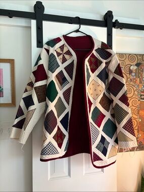 Patchwork Quilted Open-Front Jacket in Burgundy & Cream